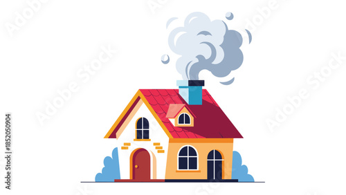 Cozy Suburban House with Smoking Chimney and Red Roof Illustration