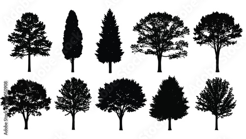 Collection of various tree silhouettes in a black and white graphic