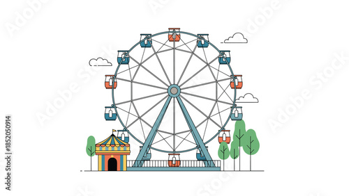 Amusement Park Observation Wheel with Carnival Tent Illustration