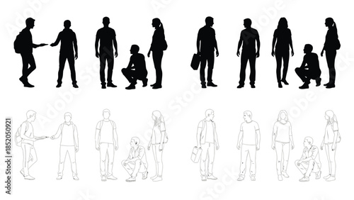 Silhouettes of people in various poses with corresponding line art representations
