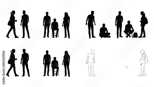 Silhouettes of people in various poses and arrangements showing diversity