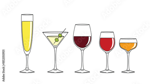 Assorted Alcoholic Drinks and Cocktails in Glassware Illustration
