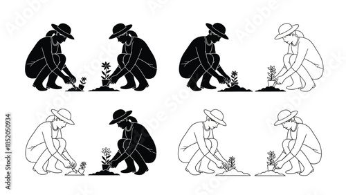Silhouettes of people gardening a series of illustrations depicting planting