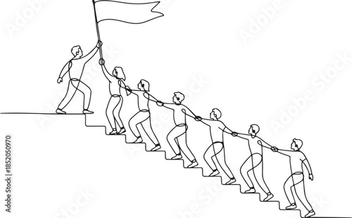 members holding hands together following their leader who hold flag climbing up stairs step by step. Teamwork concept.one line  vector illustration  with out background