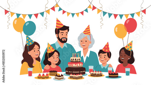 Happy Family Celebrating Birthday with Cake and Balloons Illustration