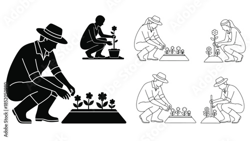 Gardeners tending to plants in a simple black and white illustration style