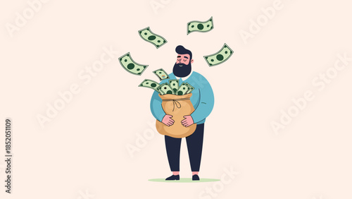 Successful man holding money bag with falling bills illustration