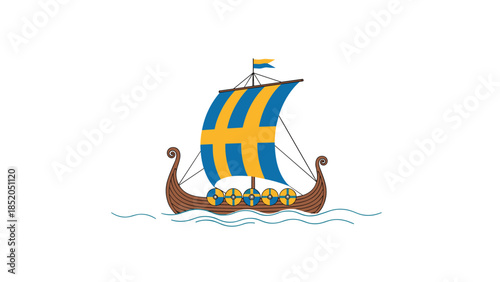 Viking longship with blue and yellow sail vector illustration