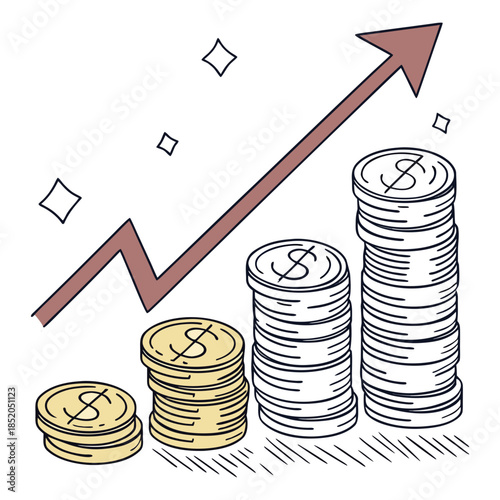 Stacks of coins with dollar signs and rising arrow
