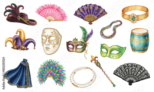Venetian carnival and Mardi Gras watercolor costume elements