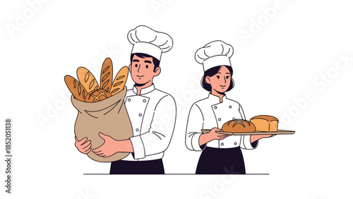 Two bakers holding fresh bread and baguettes vector illustration