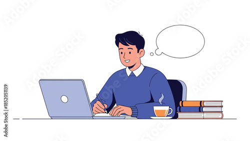 Man working on laptop with speech bubble and coffee illustration