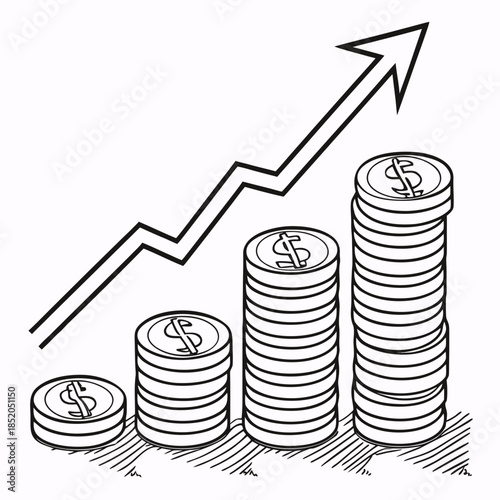 Stacks of dollar coins with increasing height and upward arrow
