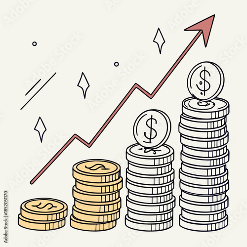 Stacks of coins with dollar signs and rising graph