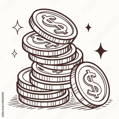Stack of dollar coins with sparkles dollars money pile