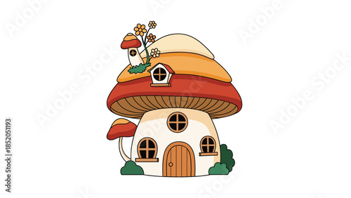Fantasy mushroom house vector illustration with garden flowers