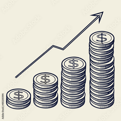 Stacks of dollar coins with growing graph dollars growth