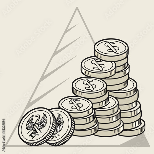 Stacked coins with dollar signs and wings on a triangular base