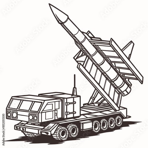 Black and white of a mobile missile launcher system