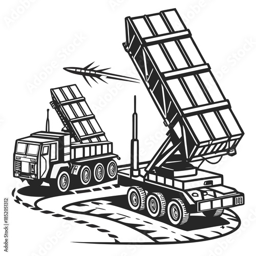 Black and white of mobile air defense units launching missile
