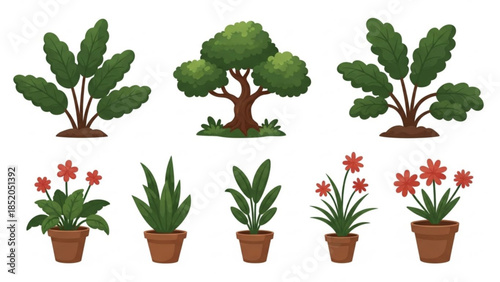 Potted Plants and Trees Illustration Set Isolated on White