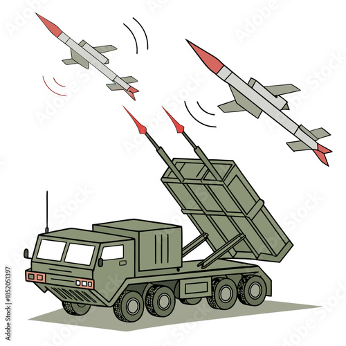 Military truck launching missiles missile launcher