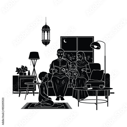 Black and white illustration of a family gathered together in a living room at night with a moon visible through the window