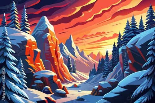 Snow-covered pine trees rise from a narrow canyon, forming a dramatic winter landscape shaped by rock walls, shadow, and limited winter light