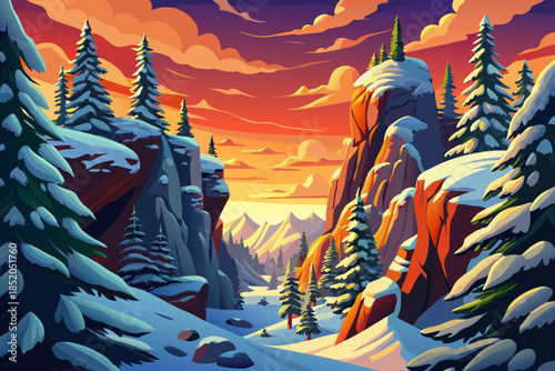 Snow-covered pine trees rise from a narrow canyon, forming a dramatic winter landscape shaped by rock walls, shadow, and limited winter light
