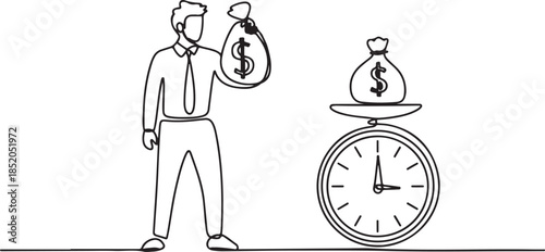 Single continuous line drawing young business man weight money bag and analog clock with scale.one line  vector illustration  with out background
