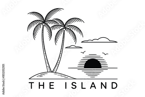 A vector of a tropical island paradise, showcasing palm trees and a serene sunset, ideal for tranquil vacation graphics