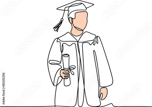 Continuous line art vector of a student celebrating academic achievement, holding a diploma in cap and gown, symbolizing success and future aspirations