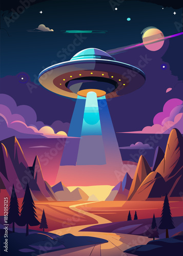 UFO Sighting with Glowing Spacecraft in Night Sky Scene