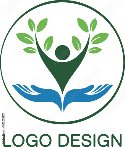 Vector of a healthy person reaching upwards with their arms surrounded by nurturing hands and green leaves, symbolizing growth and care