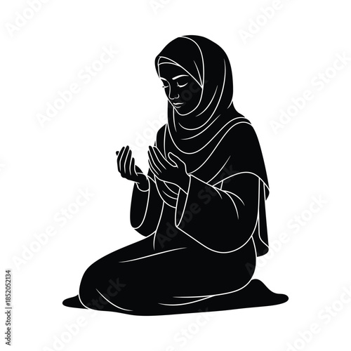 Black silhouette of a woman wearing a hijab sitting in prayer minimal islamic silhouette