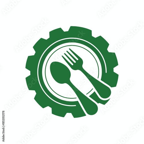 vector of a contemporary culinary concept logo, blending a gear with a spoon and fork, representing efficiency and modern food services