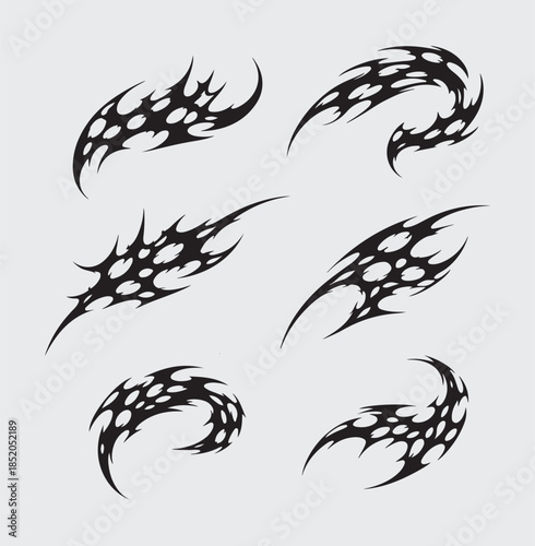 Set Pack Succubus Y2K womb gothic tattoo. Acid Neo tribal tattoo, maori style. Cyber sigilism for streetwear, merch, t-shirt. Demon sigil in neo tribal style. Isolated vector illustration