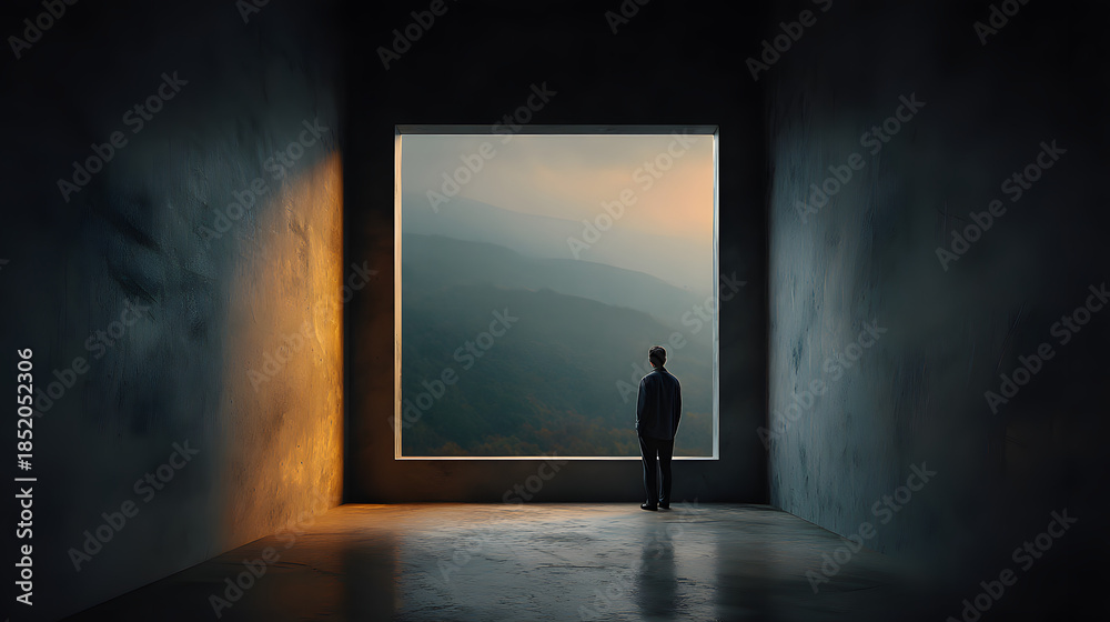 Obraz premium Person standing still near window framed by simple geometry 