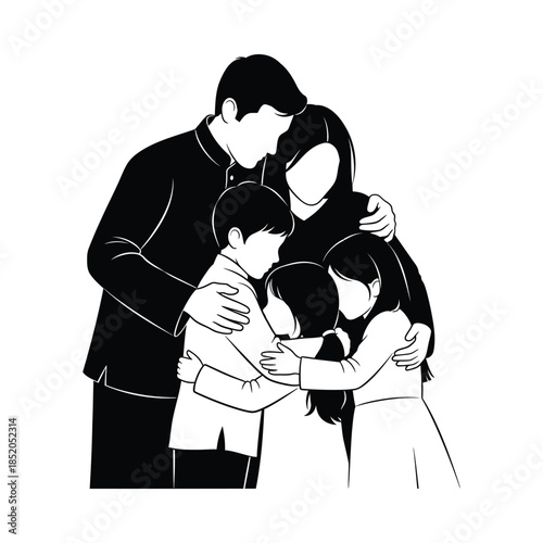 A black and white illustration of a family hugging each other tightly together, minimal islamic silhouette