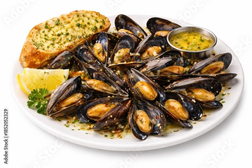 Platter filled with open mussels, served with garlic bread and lemon slice.