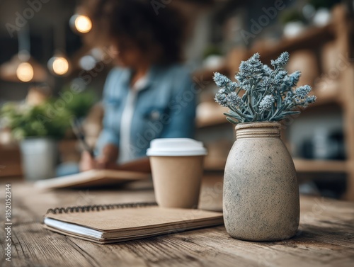 Cozy workspace setup with a notebook, coffee, and flowers on a wooden table.