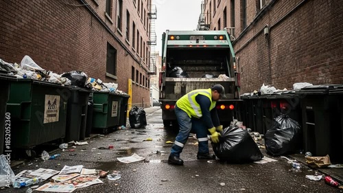 Urban sanitation workers cleaning a back alley with garbage truck and overflowing bins.