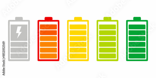 Five battery icons displaying varying levels of charge from empty to full