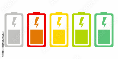 Five battery icons displaying varying levels of charge from empty to full
