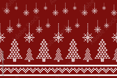 Snowflakes and Christmas tree on pixel pattern for winter hat,jumper,sweater, wrapping,fabric,border,rim,carpets, blankets, towels.