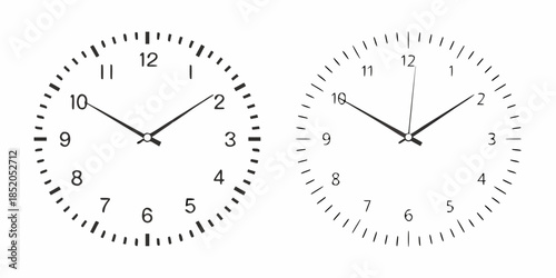 Two analog wall clocks displaying different times black and white sketch