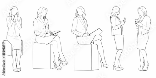 Five professional women in suits shown in various poses with technology