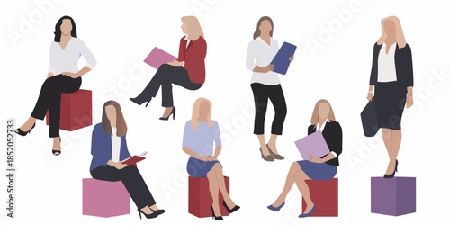 Group of stylish women in business attire casually posed in a modern setting