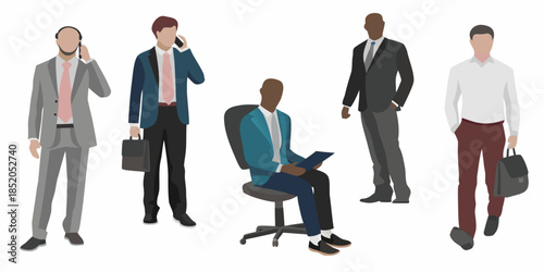 Diverse group of business professionals in suits some on phones in office setting