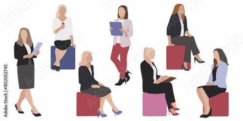 Diverse group of women in business attire interacting in a modern setting